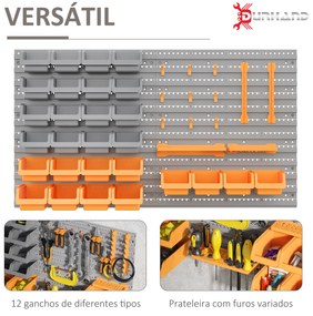 Prateleira de Parede Organizador de Ferramentas com 28 Caixas Empilháveis ​​e Ganchos 95,5x22,5x53,5 cm Cinza e Laranja