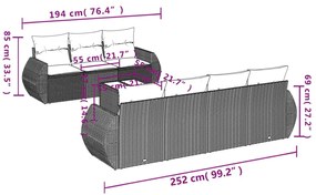 8 pcs conj. sofás jardim c/ almofadões vime PE cinzento-claro