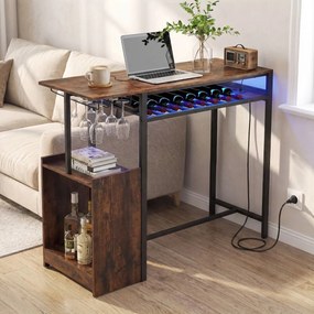 Mesa alta com estação de carregamento (BANCOS NÃO INCLUIDOS), suporte para garrafas e copos, prateleira de 2 níveis e iluminação ajustável Castanho rú