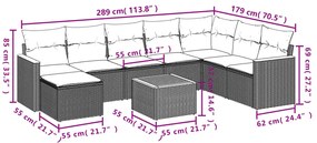 9 pcs conj. sofás jardim c/ almofadões vime PE bege misturado