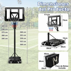 Cesto de basquetebol com altura ajustável 245cm-305cm, portátil com rodas, base recarregável para ambientes internos e externos