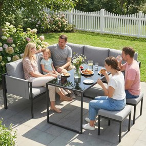Conjunto de jardim com sofá de canto para exterior, 6 peças, almofadas de 10 cm, mesa alta e 2 apoios para os pés, cinzento