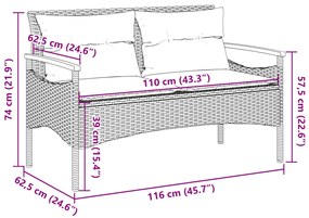 Banco de jardim c/ almofadões 116x62,5x74 cm vime PE cinzento