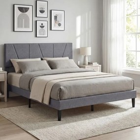 Estrutura de cama 160 x 200 cm (COLCHÃO NÃO INCLUIDO) com plataforma estofada, cabeceira geométrica ajustável em altura e ripas de madeira cinza