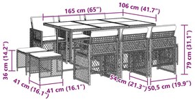 11 pcs conjunto jantar p/ jardim c/ almofadões vime PE cinzento