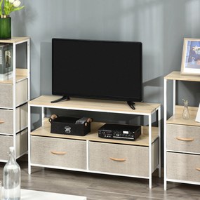 Móvel de TV baixo com pés 98 L x 29 P x 56 A cm, estilo industrial, com 2 gavetas em tecido cinzento, cor madeira natural e metal branco