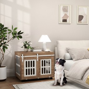 Móvel-gaiola para cães com porta de correr, casinha para cães de tamanho médio, mesa auxiliar, 80 x 59 x 63 cm, nogueira