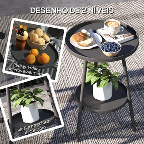 Mesa de Jardim Redonda de 2 Níveis Mesa de Exterior Ø32x51 cm com Bandeja Inferior e Estrutura de Metal Preto