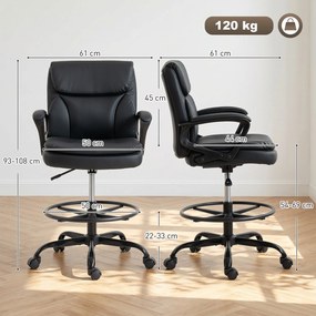 Cadeira de Desenho Cadeira de Escritório Ergonómica Giratória com Altura e Descanso para os Pés Ajustável Preto