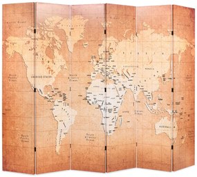 Biombo dobrável mapa mundo 228x170 cm amarelo