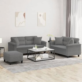 vidaXL 3 pcs conjunto sofás c/ almofadas microfibra cinza-escuro