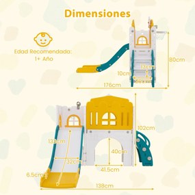 Escorrega infantil 9 em 1 com cesto de basquetebol, telescópio, ponte suspensa e túnel para 1+ anos 176 x 138 x 80 cm amarelo