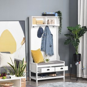 HOMCOM Cabide Sapateira com banco 4 ganchos 2 compartimentos abertos 2 gavetas removíveis e prateleira inferior moderna para corredor entrada 87x42x172 cm Branco