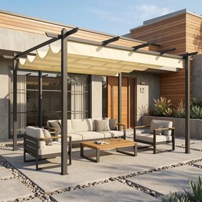 Pérgola de Jardim 4x3 m com Telhado Retrátil Estrutura de Alumínio UPF30+ Orifícios de Drenagem Pérgola de Exterior Creme
