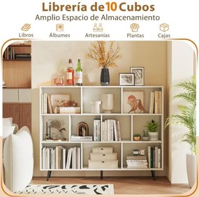Estante de 3 níveis com 10 cubos, 4 pés de metal e dispositivo anti-capotamento para sala de estar ou escritório 100 x 24 x 107 cm branco