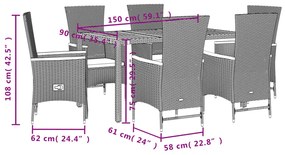 7 pcs conjunto de jantar p/ jardim c/ almofadões vime PE preto