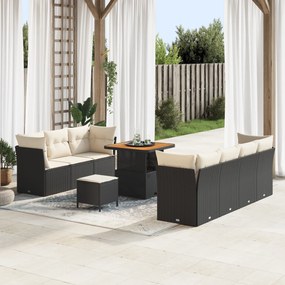 Conjunto de Sofás de Jardim vidaXL 10 Peças com Almofadas Rattan Poliéster Preto Acácia