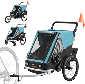 AIYAPLAY Reboque de bicicleta para crianças, 2 lugares, reboque infantil 2-em-1 dobrável com assento e cintos ajustáveis, Azul | Aosom Portugal
