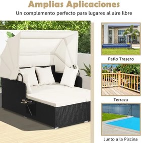 Cama Jardim dupla com almofadas em rattan com Dois painéis laterais rebatíveis para jardim Pátio Alpendre Branco e Preta