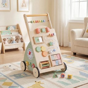 Andador infantil de madeira com rodas e cesto de arrumação – Brinquedo Montessori para andar, para crianças a partir de 1 ano – Natural + Verde