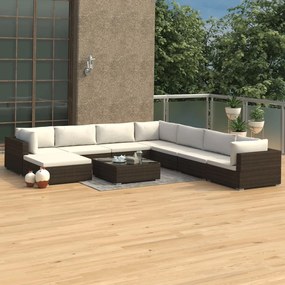 vidaXL 9 pcs conjunto lounge jardim c/ almofadões vime PE castanho