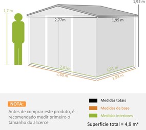 Abrigo de Jardim Exterior 4,9 m² 277x195x192 cm com Porta de Correr Ventilação e Kit de Fundação Castanho