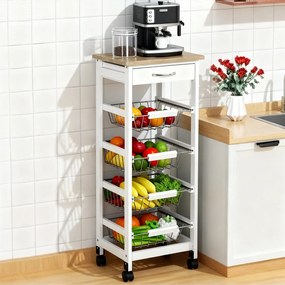 Carrinho de cozinha  37 x 37 x 82 cm com rodas e vários compartimentos: 4 cestos de metal + gaveta de pinho,, branco