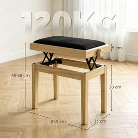 Banco de piano 61,5 L x 33 P x 45-56 A cm ajustável em altura de 45 a 56 cm, banco de teclado, assento almofadado em veludo, madeira natural