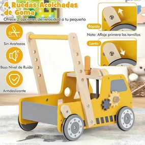 Andador de empurrar em madeira 2 em 1 para bebés e crianças com velocidade ajustável e armazenamento Brinquedos Montessori Amarelo