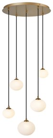 Candeeiro suspenso Art Deco dourado com vidro opalino 5-luzes - Yani Art Deco