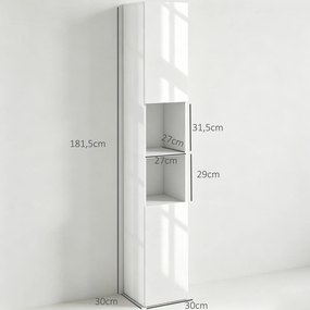 Armário Alto e Estreito para Casa de Banho com Portas e Prateleiras Ajustáveis 30x30x181,5 cm Branco Brilhante