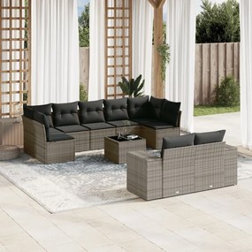 10 pcs conjunto sofás de jardim c/ almofadões vime PE cinzento