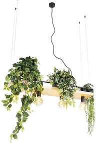 Candeeiro de suspensão industrial preto com madeira 4 luzes - Shelf