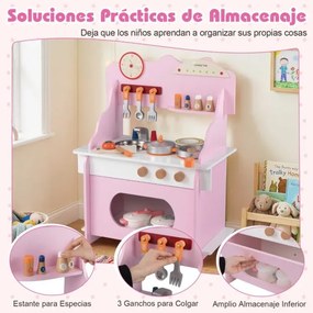 Cozinha de brincar em madeira para crianças 52 x 29,5 x 71 cm com relógio, fogão, prateleira, especiarias, torneira, lava-louças e forno para maiores