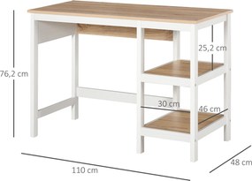 Secretária com 110 cm de comprimento x 48 cm de largura x 76 cm de altura, 2 prateleiras laterais em MDF E1, carvalho claro e branco