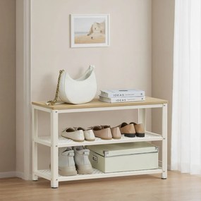 Banco para sapatos com 2 prateleiras em rede, sapateira, 30 x 73 x 45 cm Bege-branco