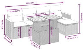 6 pcs conjunto sofás de jardim c/ almofadões vime PE preto