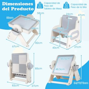 Conjunto de mesa e cadeira para crianças 6 em 1 Multi-atividade Cavalete dobrável para crianças com superfície reversível e ranhura Cinzento