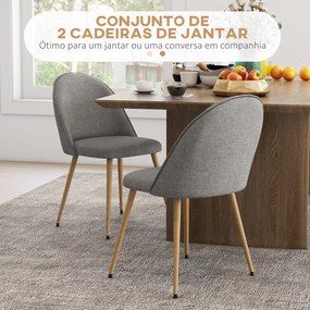 Conjunto de 2 Cadeiras Sala de Jantar Estofadas em Tecido de Linho com Pés de Aço 50x52x83 cm Cinza e Madeira
