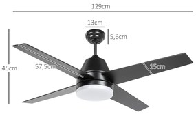 Ventoinha de Teto com Luz 46W Ø129 cm com 4 Lâminas Reversíveis Controlo Remoto 6 Velocidades e Temporizador Preto