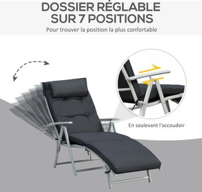 Espreguiçadeira dobrável com 7 posições de inclinação, espreguiçadeira de grande conforto com colchão + braços em metal com revestimento epóxi e tecid