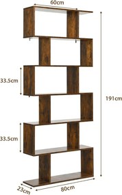 Estante decorativa em forma de S  80 x 23 x 191 cm com 6 prateleiras de madeira multifuncional para sala, quarto ou escritório Café