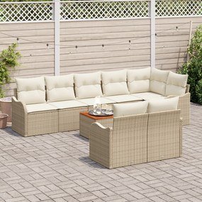 Conjunto de Sofá de Jardim de 9 Peças com Almofadas Bege Vime PE Acáci