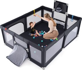 Parque infantil grande para bebés de 188 x 157 cm com aro de basquetebol, baliza, área de jogos com fecho e rede respirável cinzento escuro