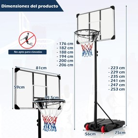 Cesto de basquetebol portátil Sistema de altura ajustável para crianças e adultos com tabela inquebrável Base insuflável Base almofadada Rodas de tran