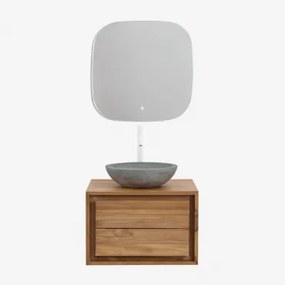 Conjunto De Móveis De Banheiro Em Madeira De Teca Jabari Madeira De Teca & Cimento Cinzento Redondo Ø40 Cm Tarsis & Quadrado Led - Sklum