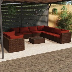 vidaXL 10 pcs conjunto lounge jardim c/ almofadões vime PE castanho