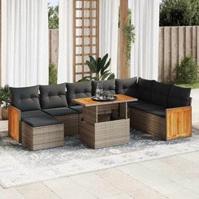 9 pcs conjunto sofás jardim almofadões vime PE/acácia cinzento