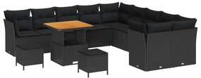 vidaXL Conjunto de Sofá de Jardim com almofada 13 pcs Preto vime PE