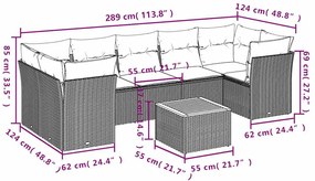 8 pcs conjunto sofás p/ jardim c/ almofadões vime PE cinzento